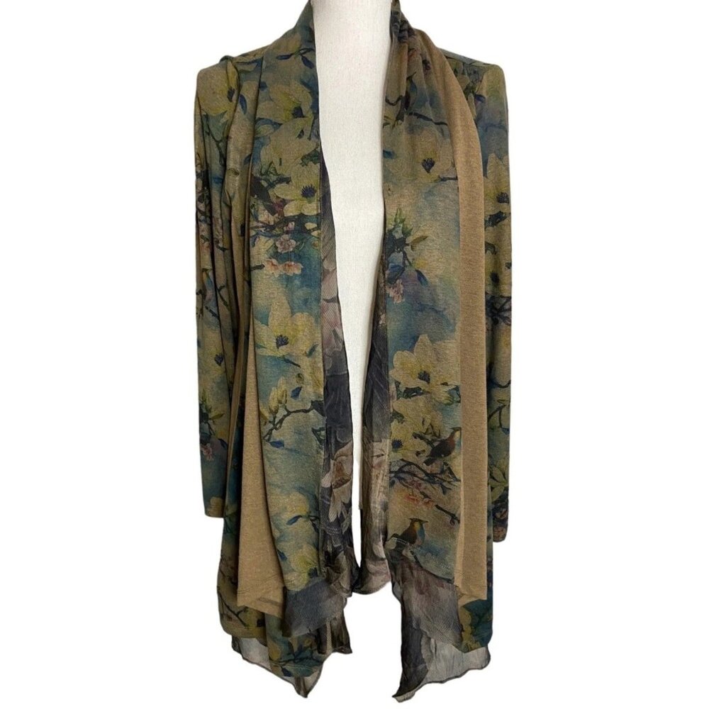 Soft Surroundings Open Cardigan Floral Tea Gardens Topper Bird Artsy Jacket XL